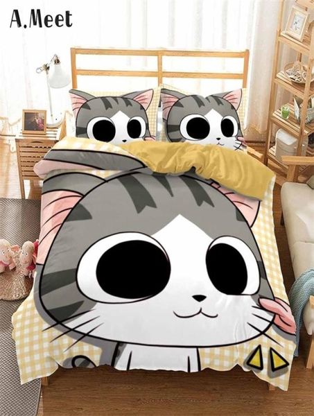 Juego de cama de dibujos animados 3D para niños, juego de funda de cama de lino de Anime, funda nórdica con estampado de gato, diseño único para niñas y niños, sin sábanas 2013975284
