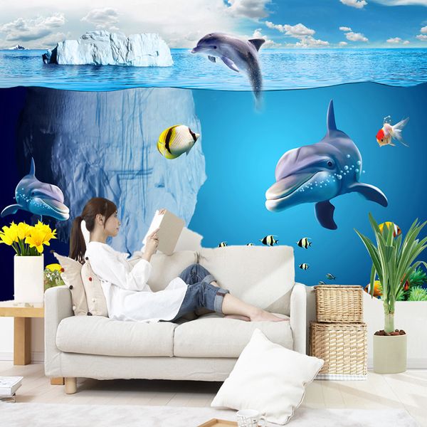Poisson Shark 3D Cartoon Underwater Photo Murale Papier peint enfants Chambre Salon Wall Paper non-tissé Papel De Parede 3D Paisagem