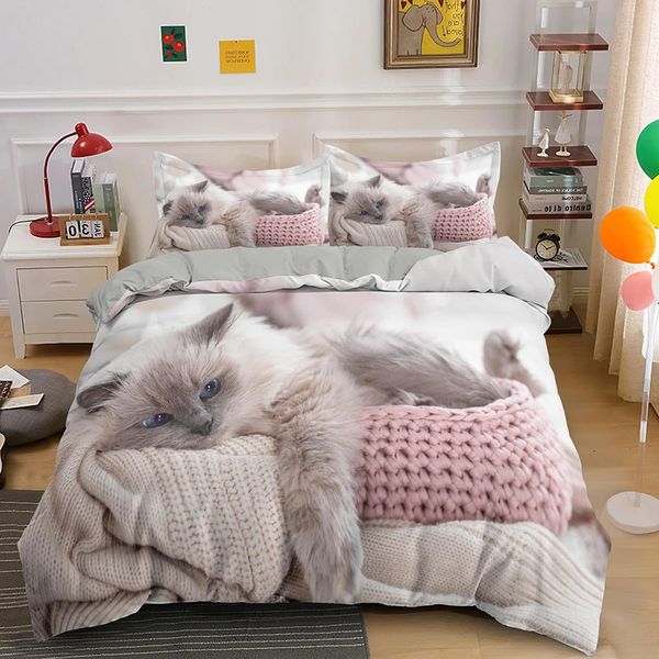 Capa de ropa de cama de gato 3D Deluxe Down Divet Cubierta con funda de almohada Grandes niñas de doble tamaño Poliéster Cubierta de edredón 240426