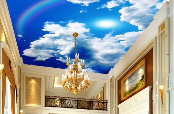 Plafond 3D Custom 3d Blue Sky Clouds blancs Sun Rainbow Stars Sky Wallpaper pour plafonds 3d papier peint de salon