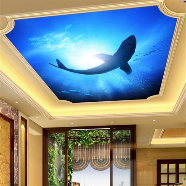 Murales de techo 3d papel tapiz personalizado po Ocean world fondo de tiburón en la sala de estar decoración del hogar murales de pared 3d para paredes 3 d244e