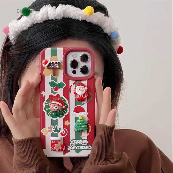 Estuches para teléfonos celulares 3D Estuche lindo para teléfono con rayas de oso y árbol de Navidad de Papá Noel para iPhone 15 Pro Max 12 14 Pro 11 13 Graffiti Cartoon CoverL23 / 11/16