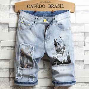 3D-teken kunst gedrukt heren lichtblauw Comfortabele denim shorts zomer jeugd Must-have mode slanke jeans 210714