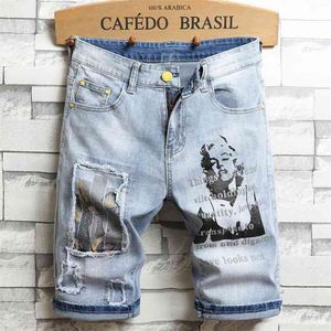 3D-karakter kunst gedrukt heren lichtblauw comfortabele denim shorts zomer jeugd Must-have mode slanke jeans 210629