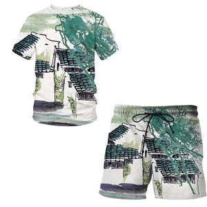 3D chinois pinceau peinture hommes T-shirt Shorts ensembles de plage été respirant mode à manches courtes mâle décontracté costume de rue 220624