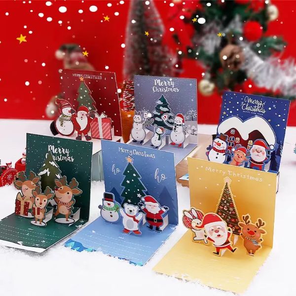 Tarjetas de felicitación navideñas en 3D con etiquetas adhesivas para sobres Etiquetas de regalo Artículos novedosos Decoración de árboles Ornamento Etiqueta de papel Papá Noel Muñeco de nieve Impresión de ciervos RRE14788