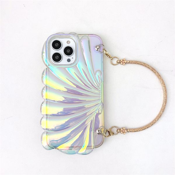 3D Colorful Shell Glitter Laser Phone Case para Iphone 14 Pro Max 11 12 13 Pro Max Lujo transparente plisado cubierta a prueba de golpes con cadena de mano de metal