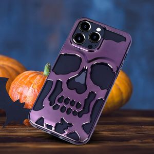 3D Cool Skull Skeleton Hollow Halloween -kochten voor iPhone 11 12 13 14 Pro Max plus luxe plating warmtedissipatie Matte schokbestendig siliconen holle zachte hoes