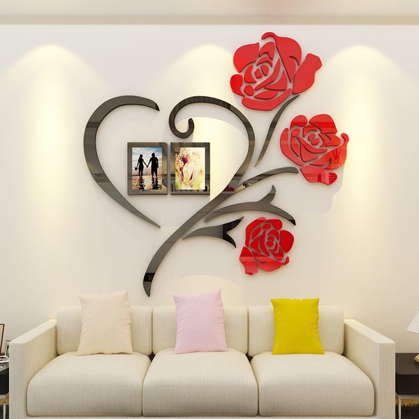 3D Creative Flower Wall Sticker Salle de mariage Décoration romantique Qualité Acrylique Fonds d'écran Salon Wallsticker DIY Art Cadeau 210308