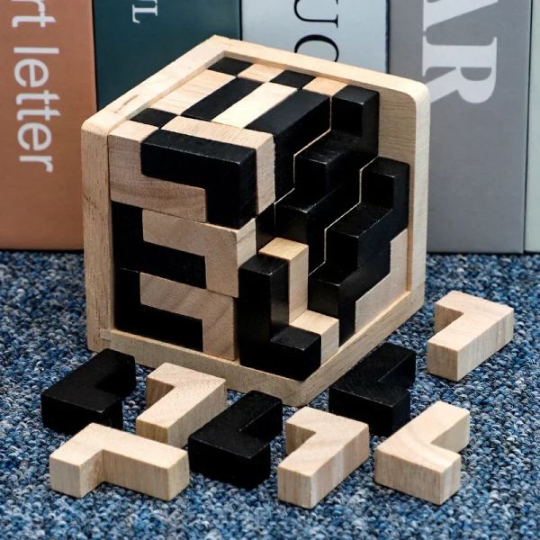 3d cube puzzle luban bontlocking créatif éducatif en bois jouet cerveau iq mental