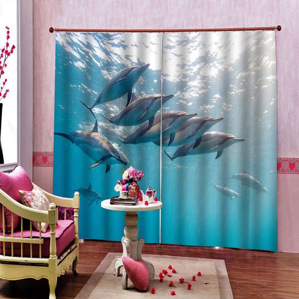 Cortina 3D Esteroscópico Dolphin Ocean Impresión para sala de estar Dormitorio Decoración para el hogar Cocina moderna cortinas apagones 100%