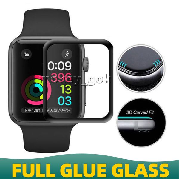 Verre trempé 3D incurvé pleine colle pour Apple Watch 1/2/3/4/7 41mm 45mm 38mm 42mm 40mm 44mm Film protecteur d'écran noir