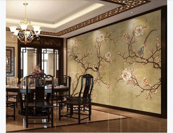 Papeles de pared personalizados 3D decoración del hogar papel tapiz pintado a mano HD Flor dorada y pájaro Sala de estar TV Fondo Mural papel tapiz para paredes