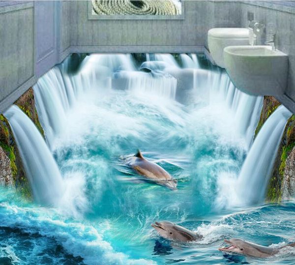 Livraison gratuite 3D personnalisé autocollant mural dophins dans un énorme plancher de waterall peinture photo papier peint pour murs décoration murale post 210308