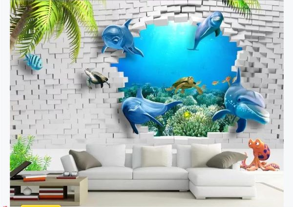 Personnalisé en 3D grand papier peint mural HD Monde sous-marin Stéréo Dauphin Tortue de corail Coco 3D Chambre TV Fond Murale