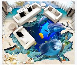 3D aangepaste PVC Zelfklevende Muurschildering Behang Vloer Schilderen Oceaan Wereld Dolfijn 3D Stereo Schilderen Badkamer Waterdichte vloer Sticker