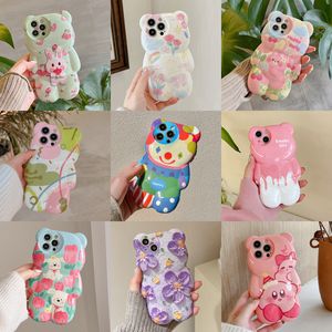 3D Cute Cartoon Bear Cases Pink Ice Cream Melting Graffiti Flowers Butterfly para iPhone 14 13 Pro Max 13 12 11 Pro X XR XS Max Funda protectora de silicona a prueba de golpes