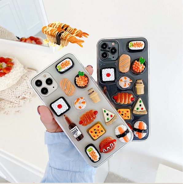 3D Mignon Clair Sushi Pain Pizza Cas Pour iPhone 11 Cas SE X XS MAX 7 8 Plus Drôle Transparent Doux Silicone Paillettes Couverture De Téléphone