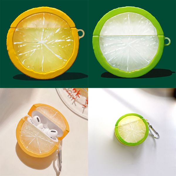 3D Mignon Cool Dessin Animé Été Citron Fruit Casque Accessoires Antichoc Protection Étui En Silicone Souple Avec Mousqueton Pour AirPods 1 2 Pro 3 Bluetooth Airpods3