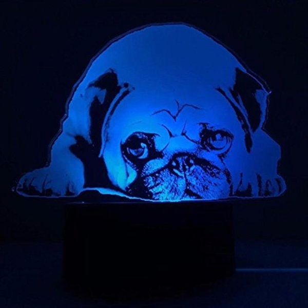 3D lindo pug perra noche luz táctil escritorio óptico lámparas de ilusión 7 luces de cambio de color decoración de Navidad regalos de cumpleaños225f