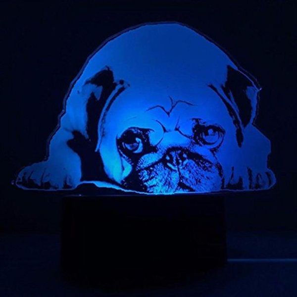 3d lindo pug perra noche luz táctil escritorio óptico lámparas de ilusión 7 luces cambiantes decoración de Navidad regalos de cumpleaños260v