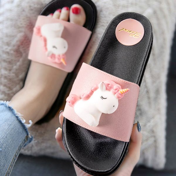 3D mignon licorne maison pantoufles 2020 femmes été dessin animé dames diapositives intérieur extérieur appartements noir plate-forme doux maison chaussures fille