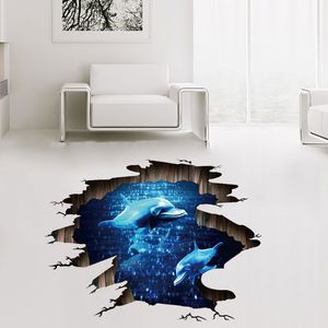 3D bleu foncé rêve dauphin sol autocollant salle de bain salon décoration murale stickers muraux décor à la maison stickers papier peint 210420