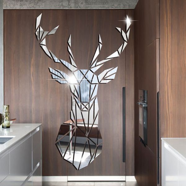 3D tête de cerf miroir autocollant mural bricolage plusieurs tailles acrylique autocollants muraux salon chambre enfants décoration de la maison 220607