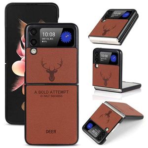 3D Deer Head Phone Case voor Samsung Galaxy Z FLIP3 5G Duurzaam stevige vaste dierafdruk Leer Beschermende schaal Schokbestendigheid