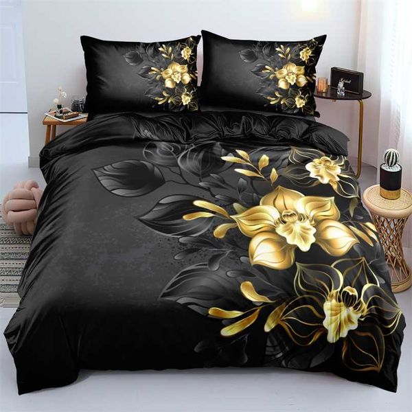 3D Design Fleurs Housse de couette Ensembles Linge de lit Ensemble de literie Couette / Couette Couvre Taies d'oreiller 220x240 Taille Noir Home Texitle 211007