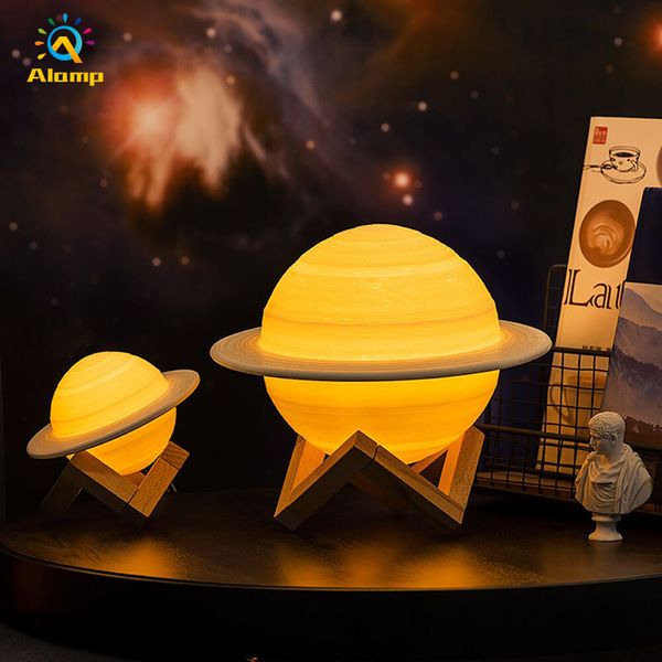 Lámpara de luz nocturna de escritorio 3D, recargable por USB, 13cm, impresión táctil, luces de decoración de mesa de Saturno con control remoto para cabecera, hogar, regalo para niños