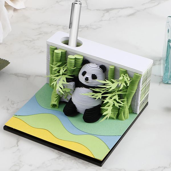 Bloc de notas de escritorio 3D, Memo creativo de Panda TearAway DIY con soporte para bolígrafo, arte tallado en papel para decoración coleccionables 240125