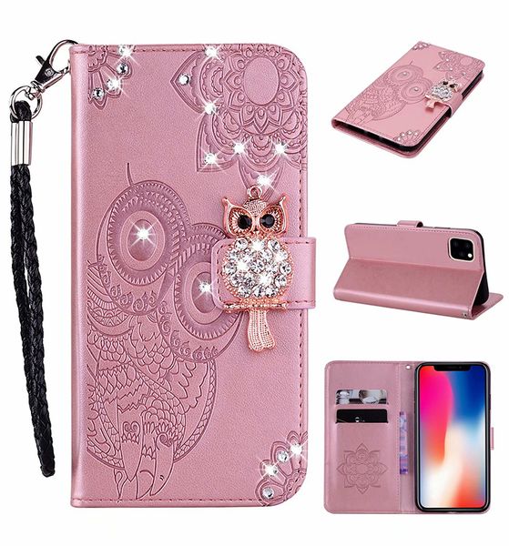 3D Diamond Bling OWL Cartera de cuero de dibujos animados flor correa soporte tarjeta funda de piel para iphone 11 pro max XS MAX XR 6 7 8 PLUS