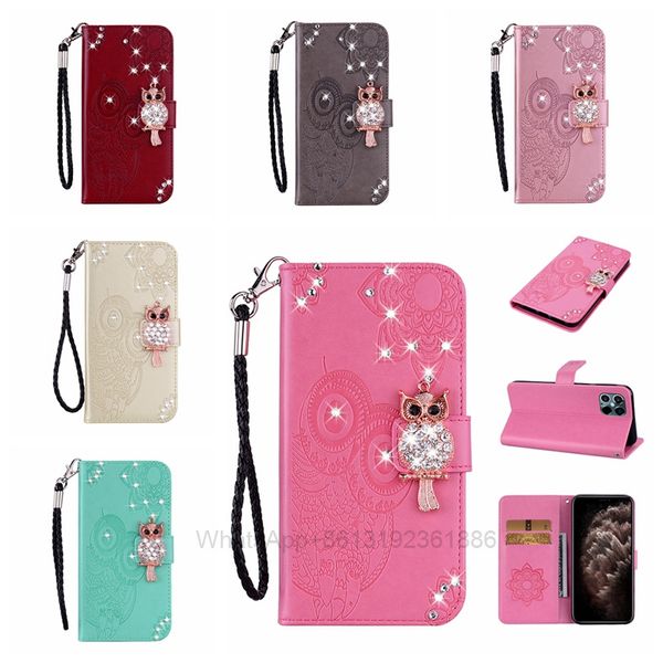 3D-Diamant-Eulen-Leder-Geldbörsenhüllen für iPhone 13 Mini 12 11 Pro Max X XR XS 8 7 6 Bling Flower Lace Cute Slot Flip Covers Night Bird Holder