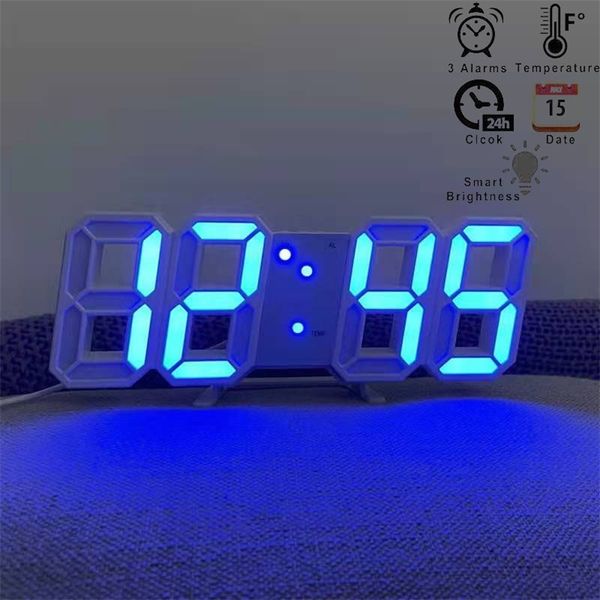 3D numérique LED horloge murale alarme 24/12 heures affichage minuterie luminosité réglable Table s USB Charge décor à la maison 220426