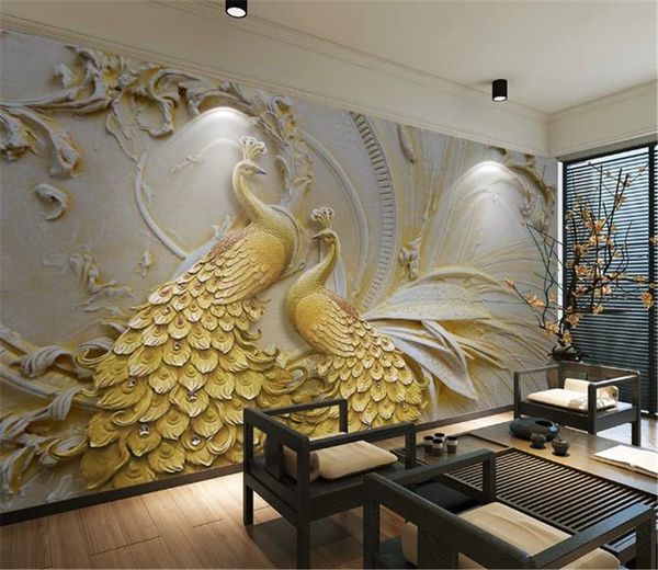 Papel tapiz de impresión digital 3d tridimensional en relieve fondo de pavo real dorado pintura de pared papel de pared