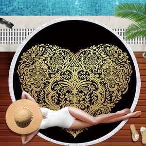 Toallas de playa con estampado Digital 3D Retro Gold Palm para mujer, Toalla de playa redonda negra con estrellas de loto Retro para decoración de dormitorio