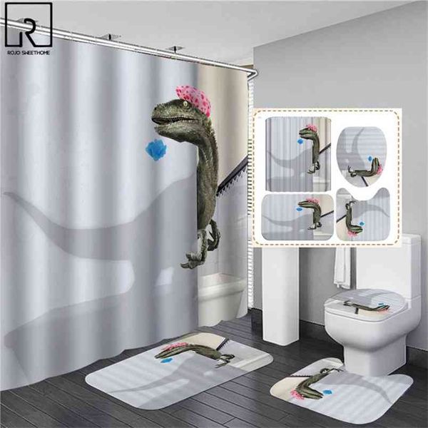 Dinosaurio 3D Cortinas de ducha Cortina de baño impermeable con ganchos Juego de alfombras de baño antideslizantes Alfombras suaves WC Alfombra de baño Decoración para el hogar 210915