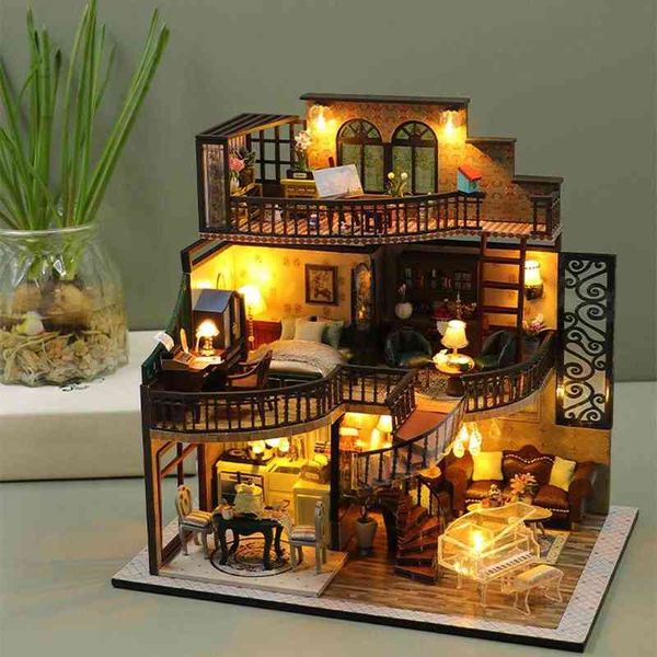 Kit de maison de poupée 3D Miniature, bricolage, Villa rétro, maison de poupée en bois faite à la main pour enfants de noël