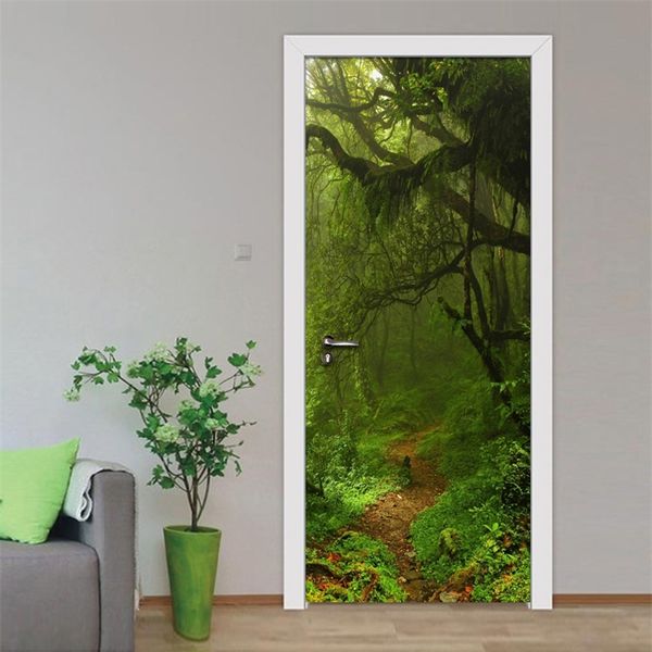 Mural de puerta 3D pegatina de bosque verde DIY autoadhesivo impermeable papel tapiz póster sala de estar decoración del hogar calcomanías de pared 220426