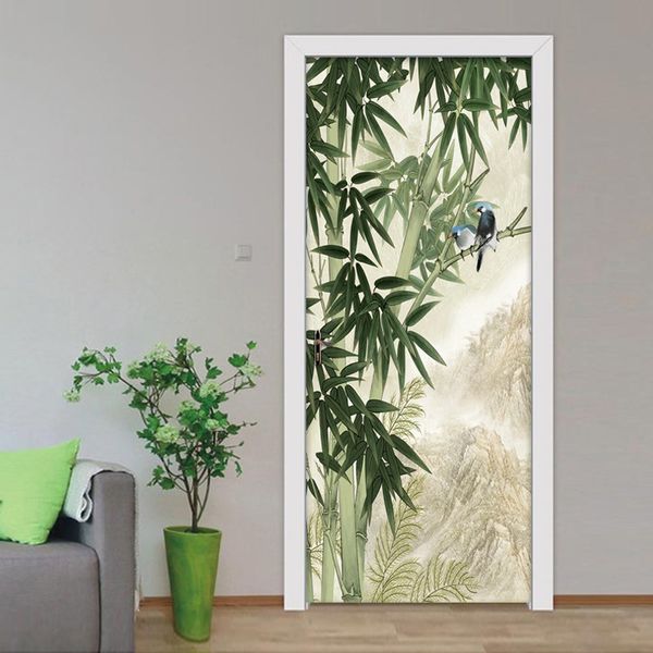 3D Porte Autocollant Mural Papier Peint Peint À La Main Bambou Forêt Oiseau Photo Stickers Muraux Chambre Salon Porte Autocollants Décor À La Maison 210317