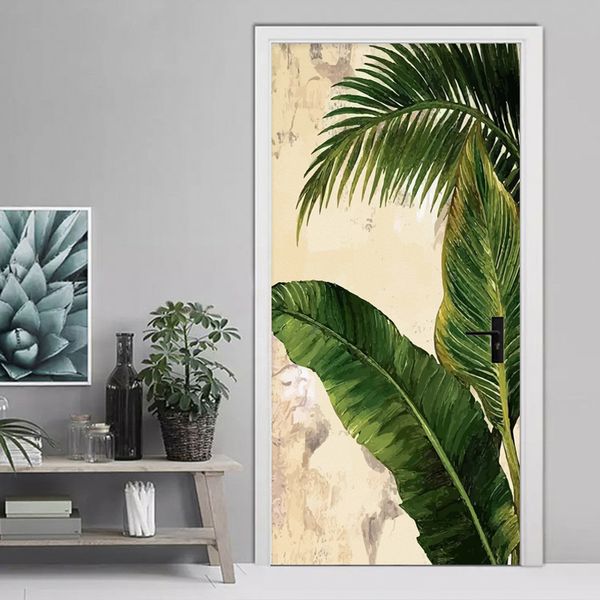 Autocollant de porte 3D plante tropicale feuilles de bananier vert photo papier peint pour salon chambre porte décor PVC autocollants auto-adhésifs 210317