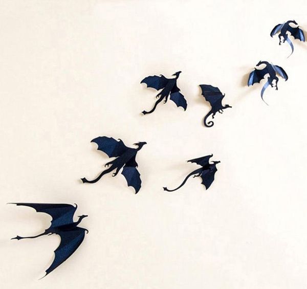 Etiqueta engomada del dragón 3d decoración de fantasía de halloween dinosaurios calcomanías de arte pegatinas de pared evento festivo decoraciones de fondo de fiesta negro 7 unids / set