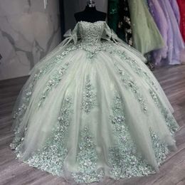 3D -jurken met 2024 Bloemen kant Quinceanera Applique van de schouderbanden Corset Back Bow Custom Sweet 15 16 Princess Pageant Ball Jurk Vestidos