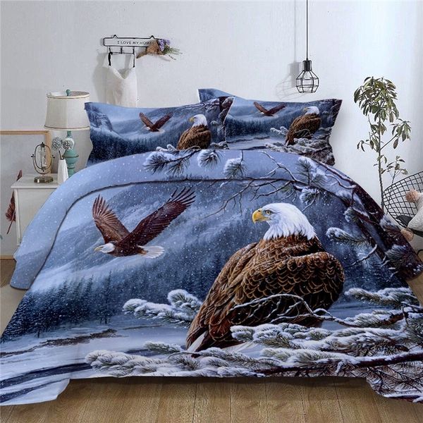 3D Aigle Ensemble de Literie Chien Neige Forêt Arbre Simple Double Animal Linge de Lit Double Pleine Reine Roi Housse de Couette Ensemble Pour Enfants Adulte 210316