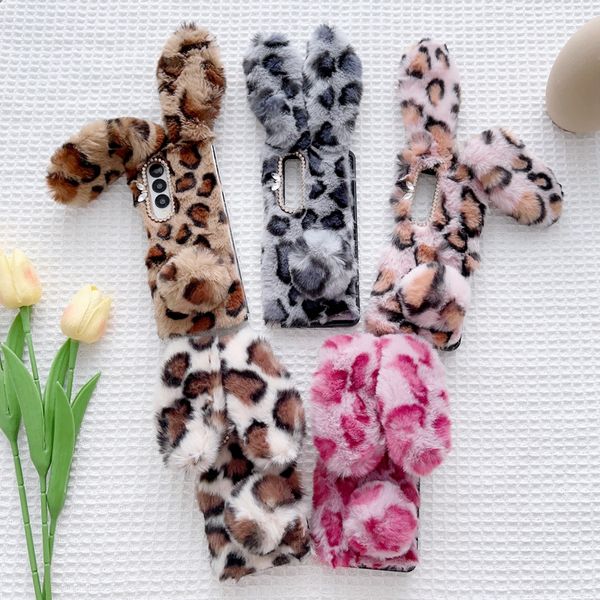 Étuis en fourrure de léopard d'oreille 3D pour Samsung Z Fold 4 3 ZFlip4 Flip 3 Fold4 Fold3 Mode Bling Diamant Véritable Cheveux de Lapin Mignon Arc Bowknot Doux TPU Animal Moelleux Couvertures de Téléphone