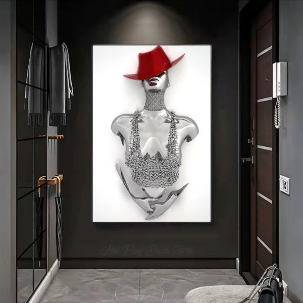 Effet 3d Metal Figure Red Hat paillette toile texturée peinture Affiches abstraites Affiches et impressions Valentin Gift Wall Art Home Decor