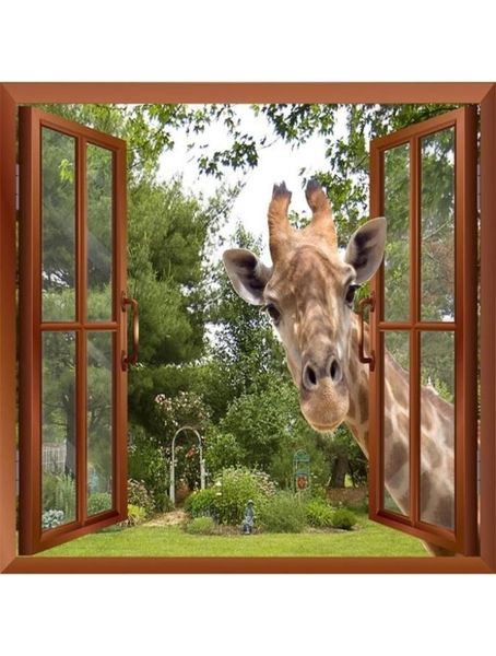 Fenêtre d'effet 3D Vue curieuse girafe collant sa tête dans la fenêtre Fake Windows Stickers muraux amovibles de décalage mural amovible 2012032192269