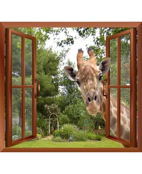 Effet 3D vue de la fenêtre girafe curieuse collant sa tête dans la fenêtre faux autocollants muraux pour fenêtres autocollant mural amovible 2012038662319