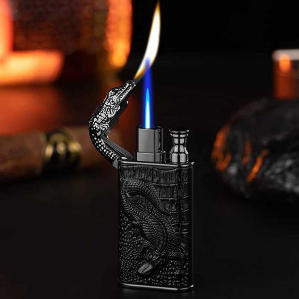 Briquet Double feu Dragon Crocodile en relief 3D, métal coupe-vent, Jet flamme nue, Conversion sans gaz, cadeau personnalisé pour hommes